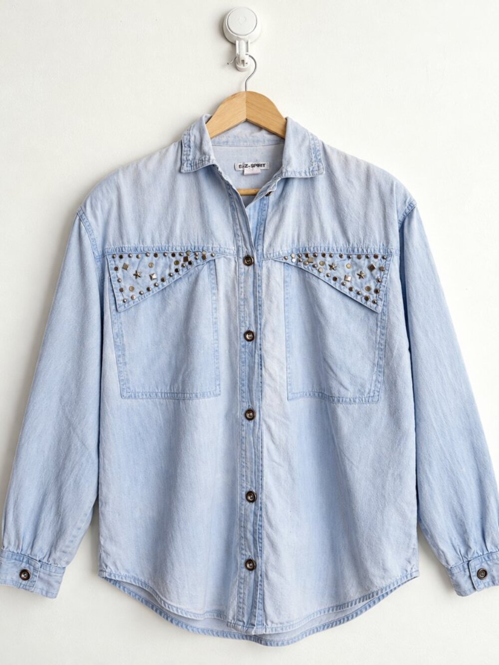Vintage 1980s E Z Spirit Cowgirl Blue Studded Rhinestone Chambray Shirt M
